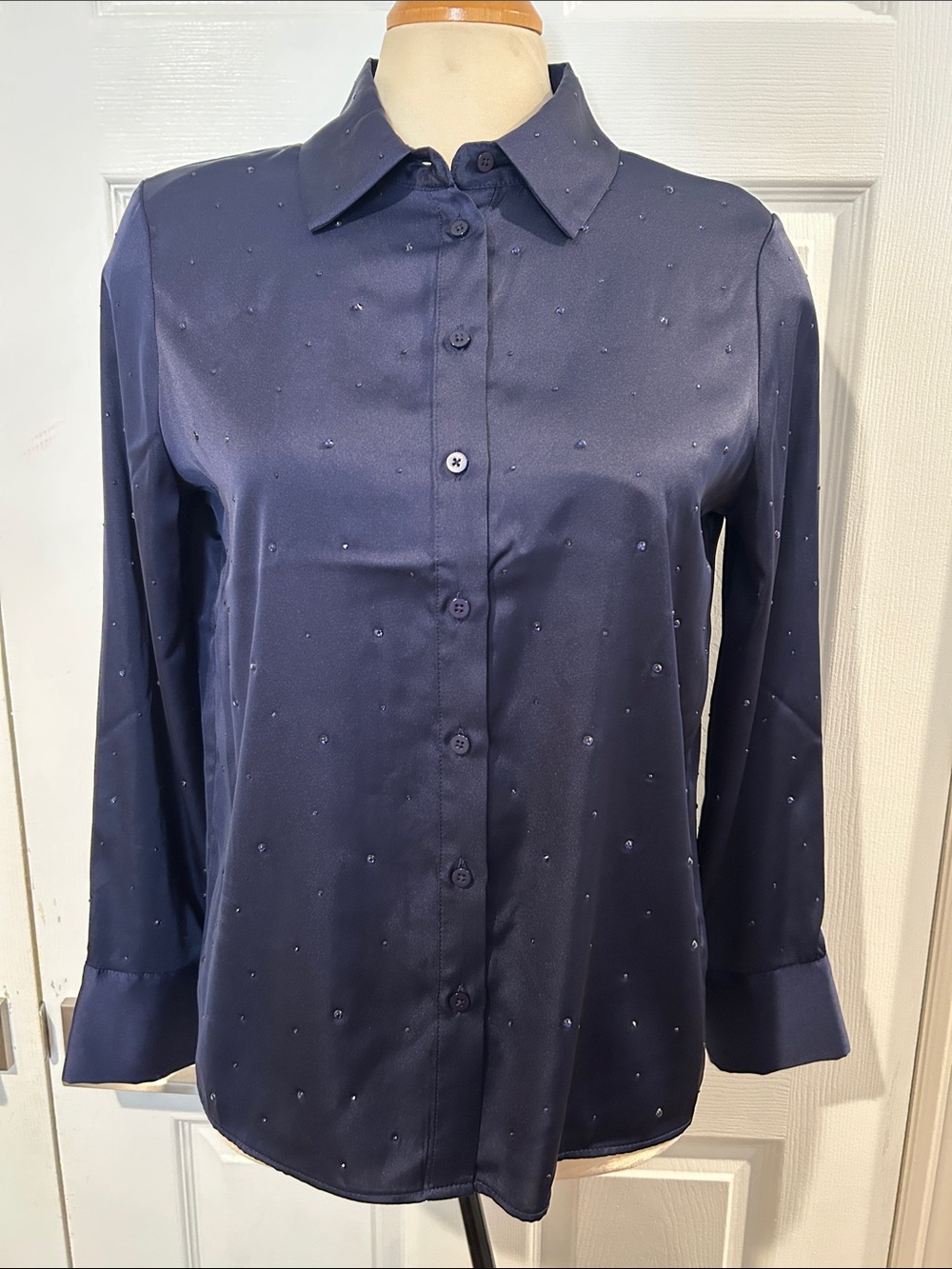 Rachel Zoe Navy Button-Down Blouse with Subtle Dot Texture